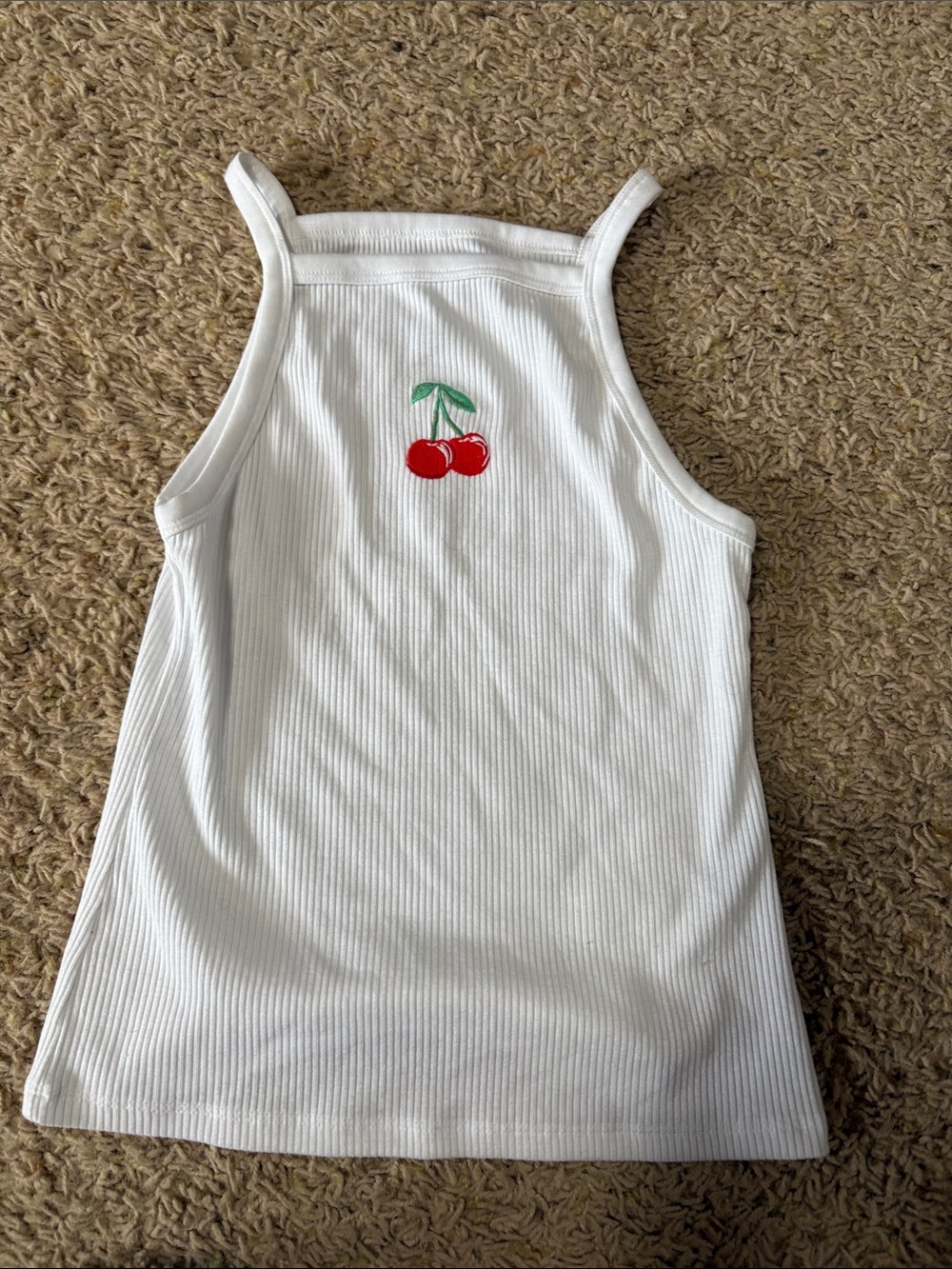 SO White Ribbed Tank Top with Red Cherry Embroidery